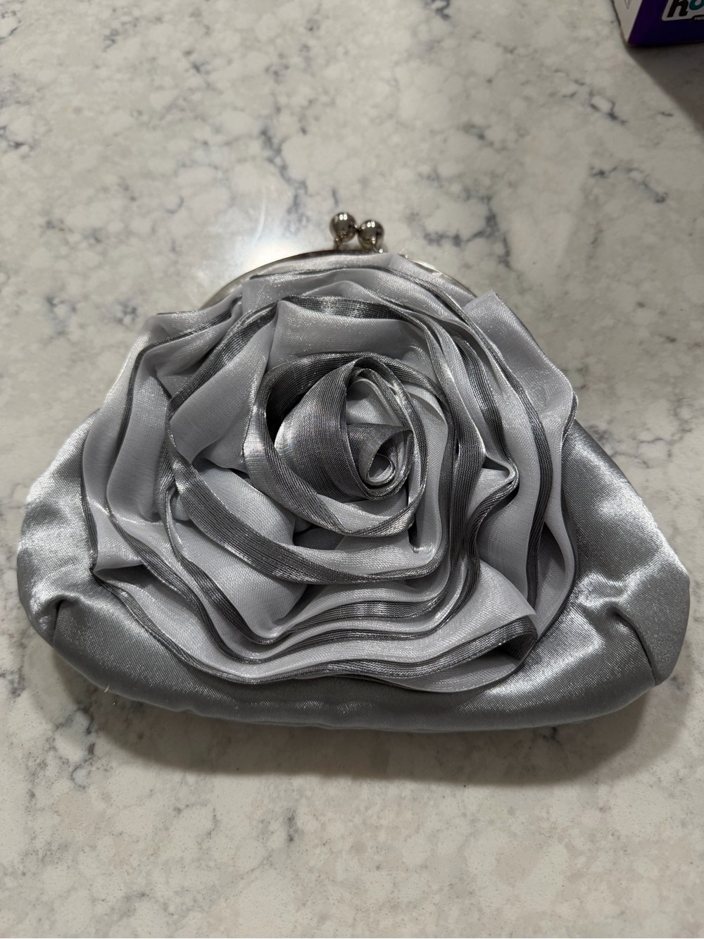 Silver Satin Rose Applique Evening Clutch